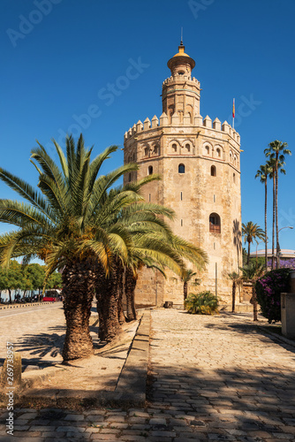 Torre del Oro Gold Tower medieval landmark from early 13th century in Seville, Spain, Andalusia region .