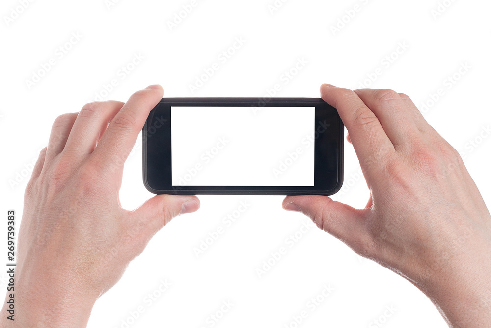 Hand holding black Smartphone with blank screen on white backgroun. Hand holding black Smartphone with blank screen on white backgroun.