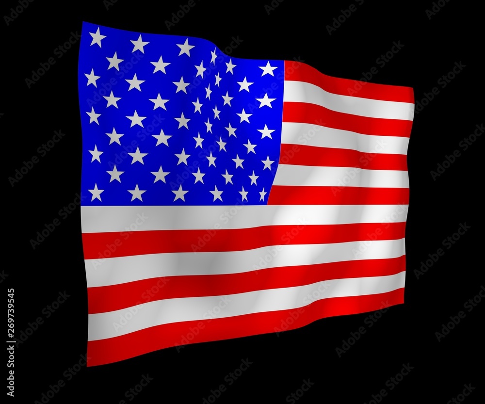 Fototapeta premium Waving flag of the United States of America on a dark background. Stars and Stripes. State symbol of the USA. 3D illustration