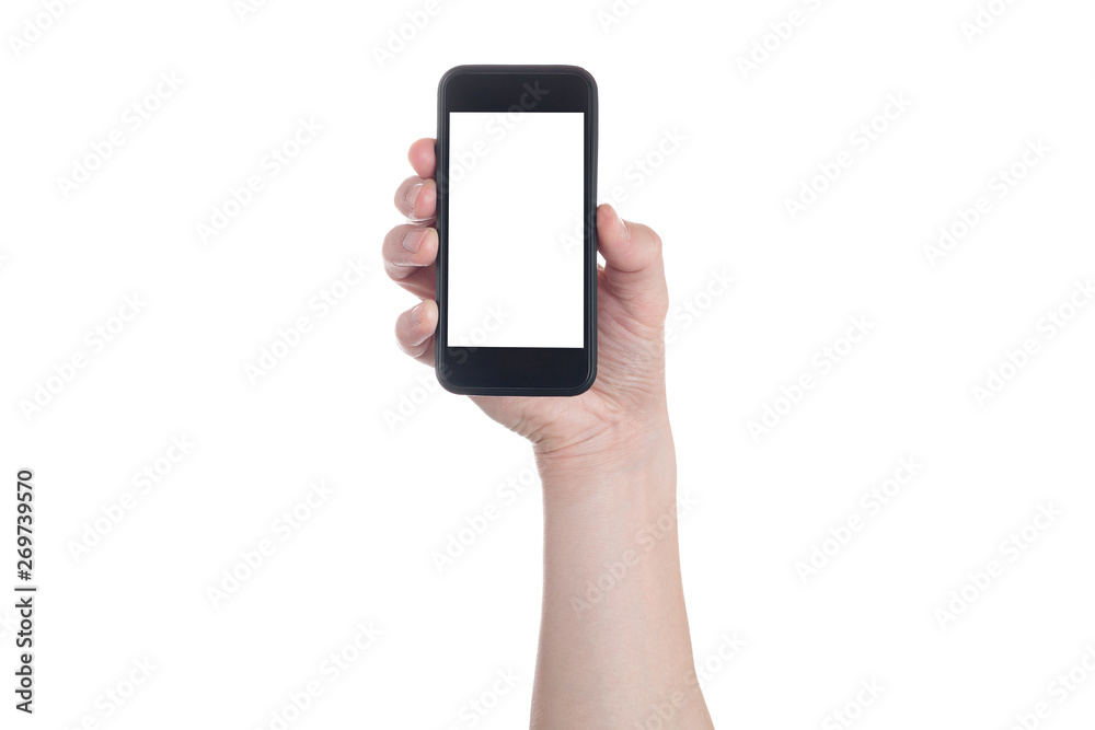 Hand holding black Smartphone with blank screen on white backgroun. Hand holding black Smartphone with blank screen on white backgroun.