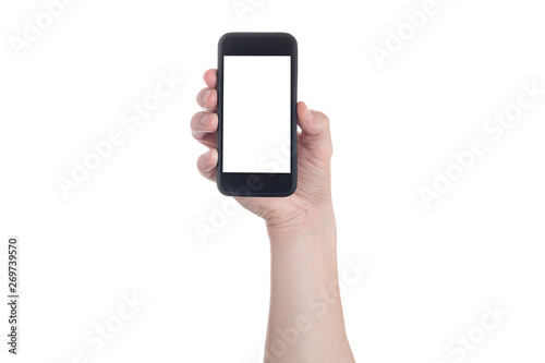 Wallpaper Mural Hand holding black Smartphone with blank screen on white backgroun. Torontodigital.ca