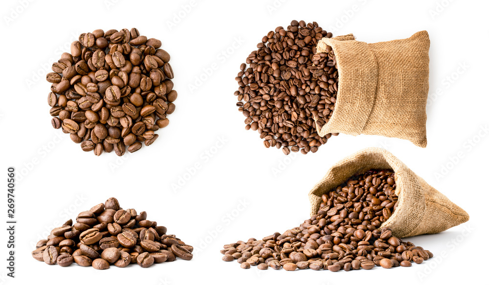 Set of coffee beans pile and in a bag, different look on a white background. Isolated - obrazy, fototapety, plakaty 