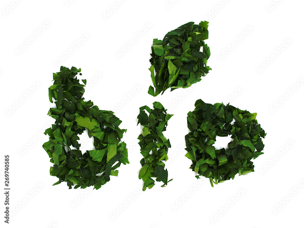 text Bio  made up of chopped leaves. three green letters composed from natural ecological material