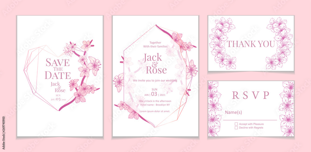 Vintage Sakura Wedding Invitation Cards Set White Background. Elegant Greeting Card Template Save the Date, RSVP, Thank You.