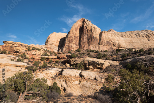 Monolithic rock formations are found throughout Capital Reef National Park, Utah. Navajo Dome can be seen on the trail to Hickman Arch. © toroverde