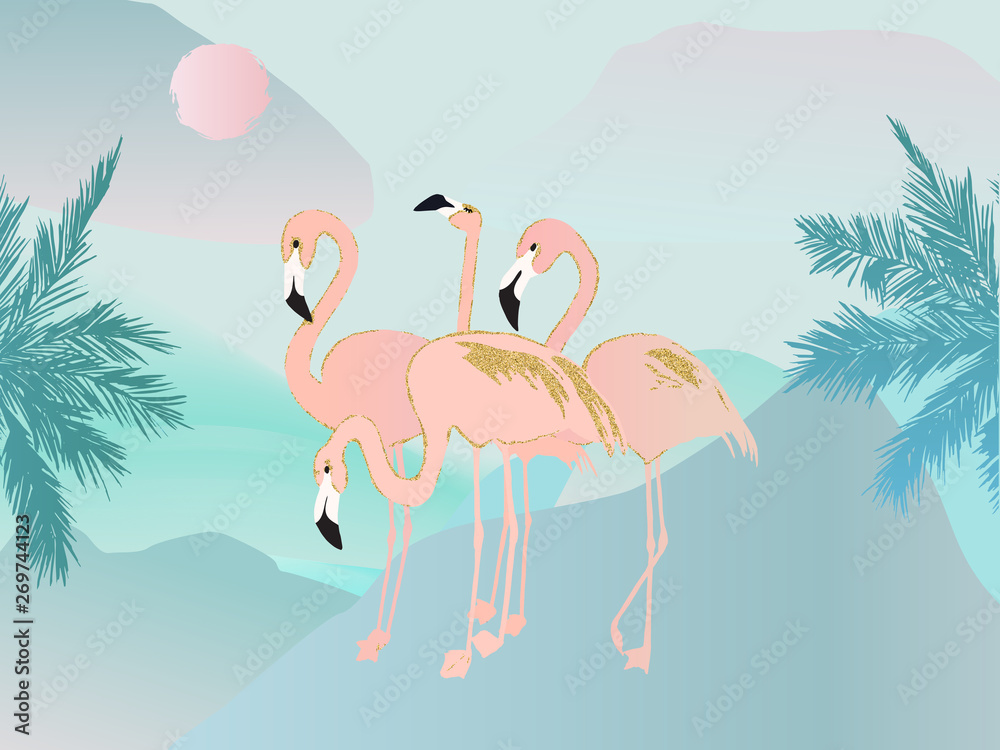 Obraz premium Abstract summer background with flamingos. Tropical design. Vector illustration