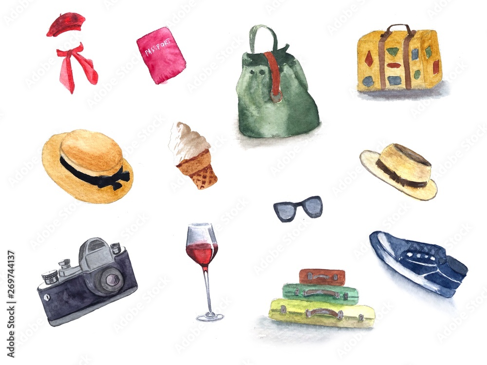 Watercolor travel icon set, bag, sunglasses, hats, shoes, travel accessories 