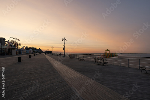 Sunrise at boardwalk on Coney Island New York City