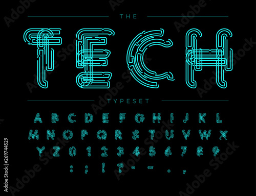 Cyber Tech Font. Contour scheme style vector alphabet. Letters and numbers for digital product, security system logo, banner, monogram and poster. Typeset design.