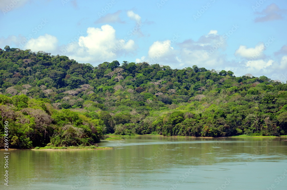 Green landscape of the Panama Canal, view from transiting container ship. Green landscape of the Panama Canal, view from transiting container ship.