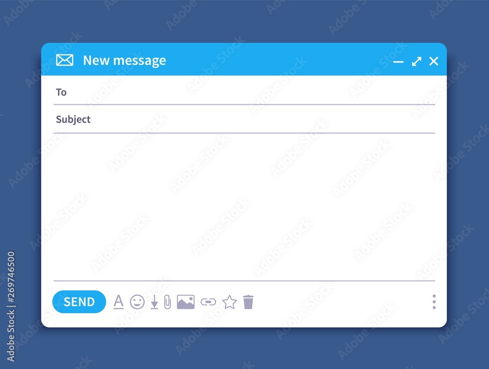 Email interface. Mail window template, internet message isolated frame, blank email UI design. Vector email window mockup illustration page Email interface. Mail window template, internet message isolated frame, blank email UI design. Vector email window mockup illustration page