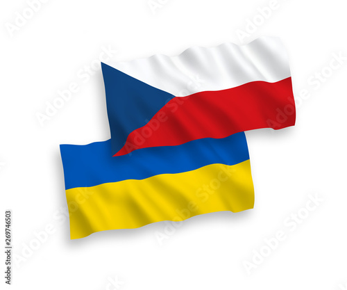 National vector fabric wave flags of Czech Republic and Ukraine isolated on white background. 1 to 2 proportion.