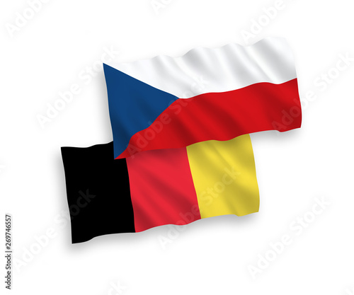 National vector fabric wave flags of Czech Republic and Belgium isolated on white background. 1 to 2 proportion.