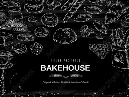 Bakery chalk background. Blackboard bread and cakes banner, hand drawn cookies and pies design template. Vector illustrations bakery and dessert on black background