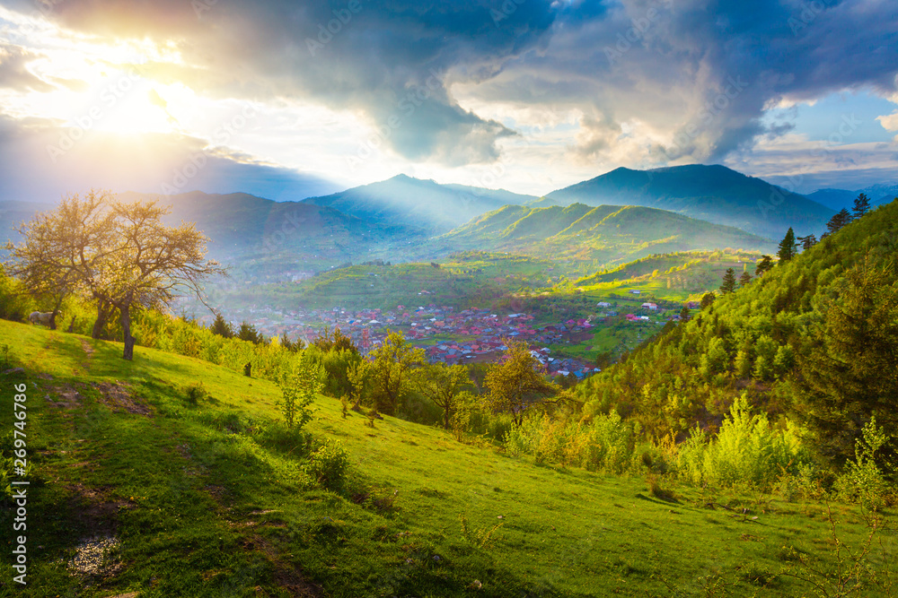 Sun rays beams over rural mountain resort epic landscape with spring flowers