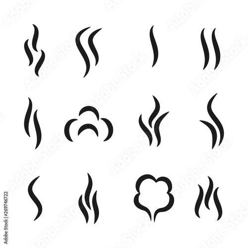 Steam aroma icons. Coffee and tea smell black symbols, set of aroma scent gas vapour and water steam. Vector lines heat smoke pictograms set