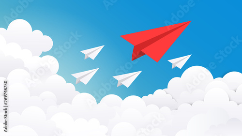 Paper plane background. Creative concept idea, business success and leader vision minimal illustration. Vector plane business strategy on blue sky