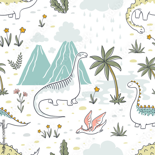 Fototapeta Naklejka Na Ścianę i Meble - Doodle dinosaur pattern. Seamless textile dragon print, trendy childish fabric background, cartoon dinosaurs. Vector graphic background sketch