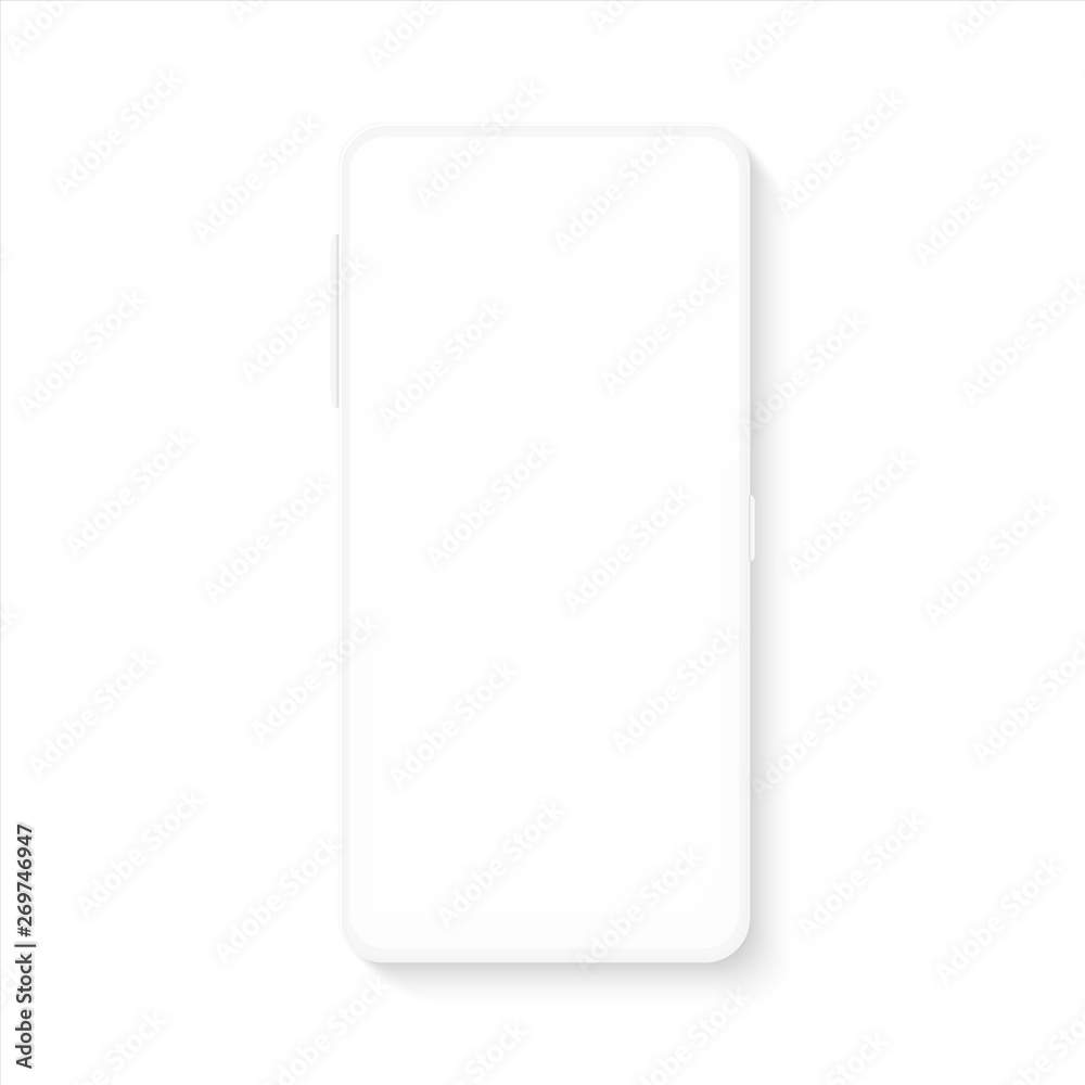 White smartphone mockup. Realistic blank mobile phone template for UI testing or business presentation. Vector empty silhouette cellphone White smartphone mockup. Realistic blank mobile phone template for UI testing or business presentation. Vector empty silhouette cellphone