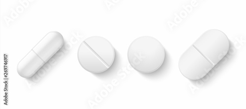 Realistic white pills. 3D drugs medicine capsules and vitamins, healthcare pharmacy tablets. Vector different isolated painkillers medicines on white background photo