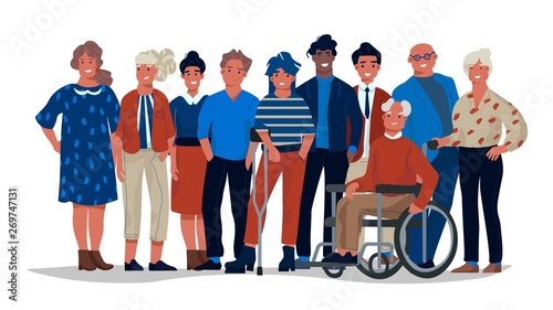 Diverse society people. Group of different multiracial and multicultural people standing together. Vector stand casual men and women smile