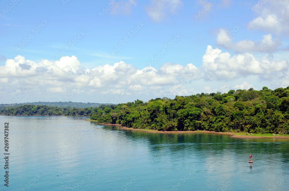 Green landscape of the Panama Canal, view from transiting container ship.