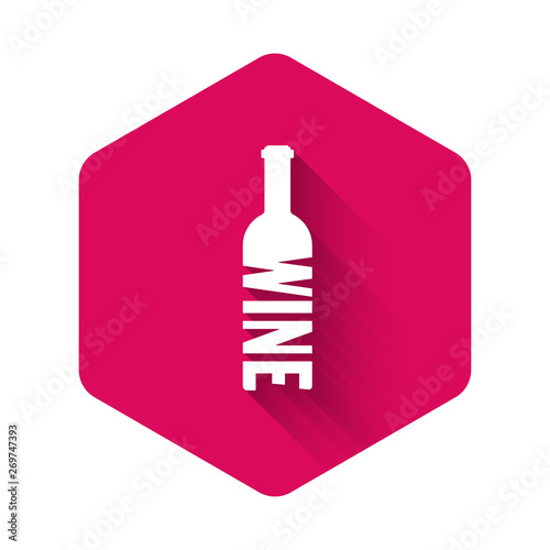 White Bottle of wine icon isolated with long shadow. Lettering bottle of wine. Pink hexagon button. Vector Illustration