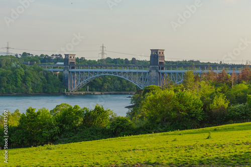 View of the Britania Bridge across the Menai Straits in Wales. The bridge divides Anglesey from the Wales mainland. The bridge opened in 1850. 