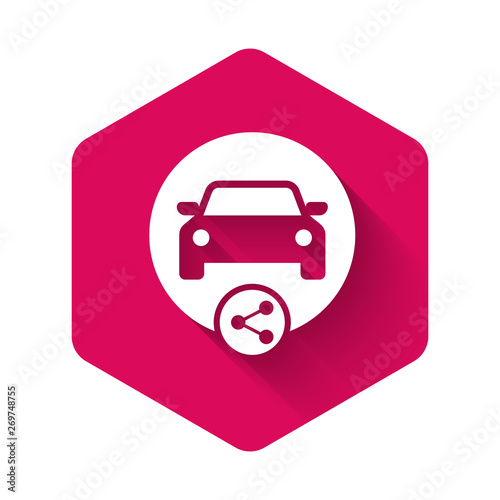White Car sharing icon isolated with long shadow. Carsharing sign. Transport renting service concept. Pink hexagon button. Vector Illustration