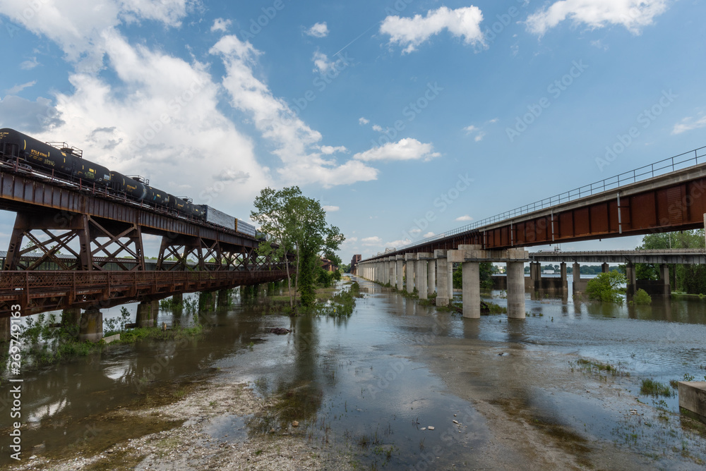 Two bridges over the Mississippi river in Memphis in springtime, greatly elevated water level