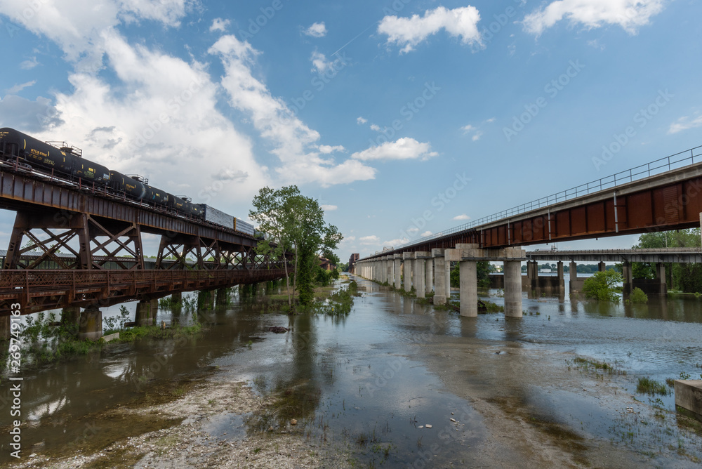 Two bridges over the Mississippi river in Memphis in springtime, greatly elevated water level Two bridges over the Mississippi river in Memphis in springtime, greatly elevated water level