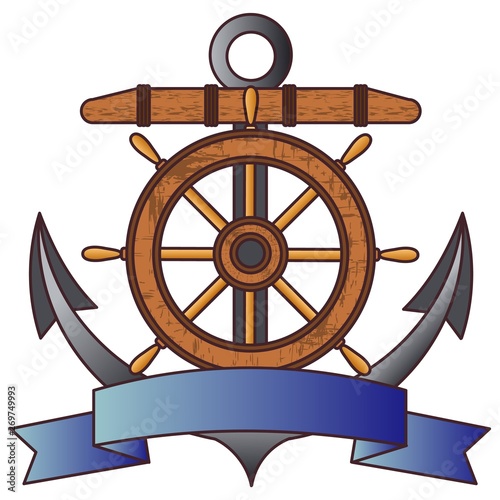 Anchor and steering wheel. Symbols of the fleet and sea adventures.