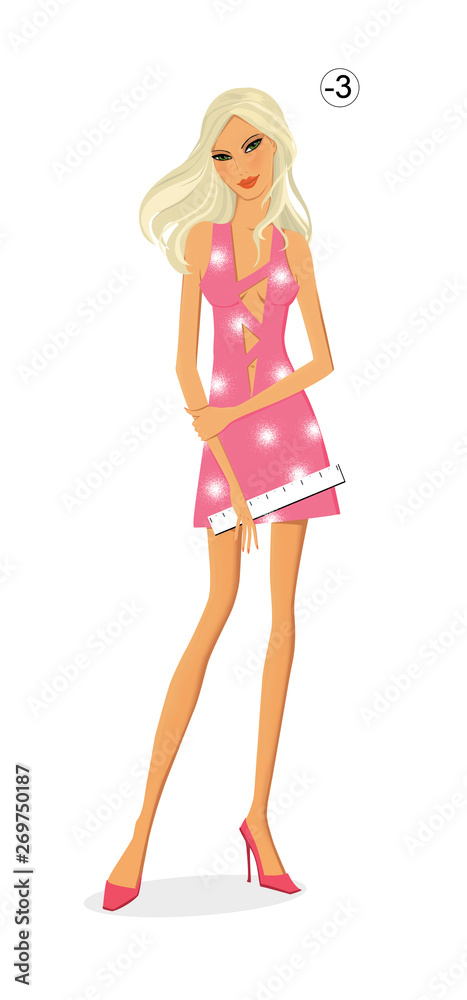 Slim blonde with a ruler in his hands in a pink dress is standing. Character. Slimming Isolated on white background