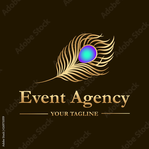 Vector logo template for event agency in gold color. Illustration of  peacock feather. Creative logotype for business company.