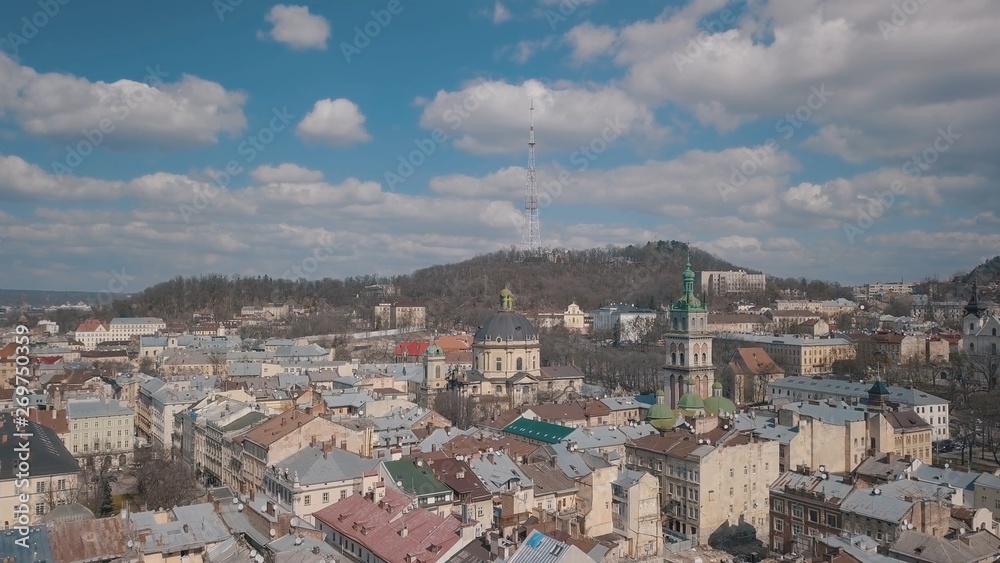 Aerial City Lviv, Ukraine. European City. Popular areas of the city. Dominican