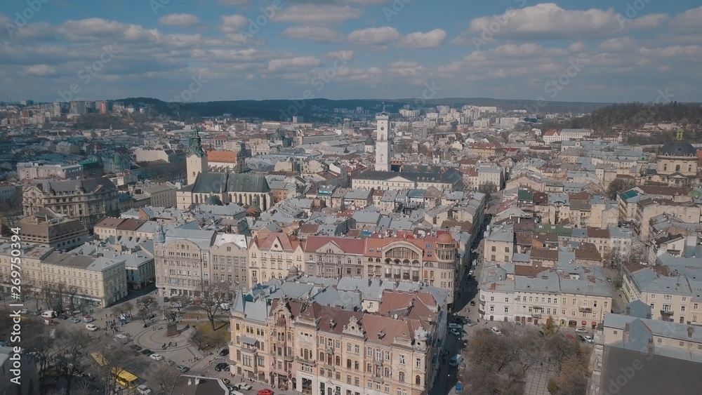 Aerial City Lviv, Ukraine. European City. Popular areas of the city. Rooftops