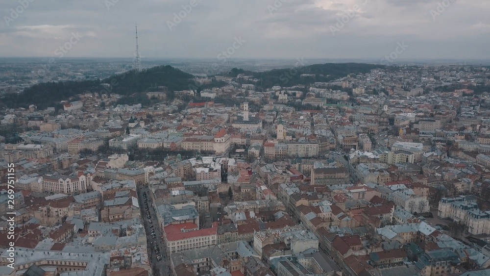 Aerial City Lviv, Ukraine. European City. Popular areas of the town