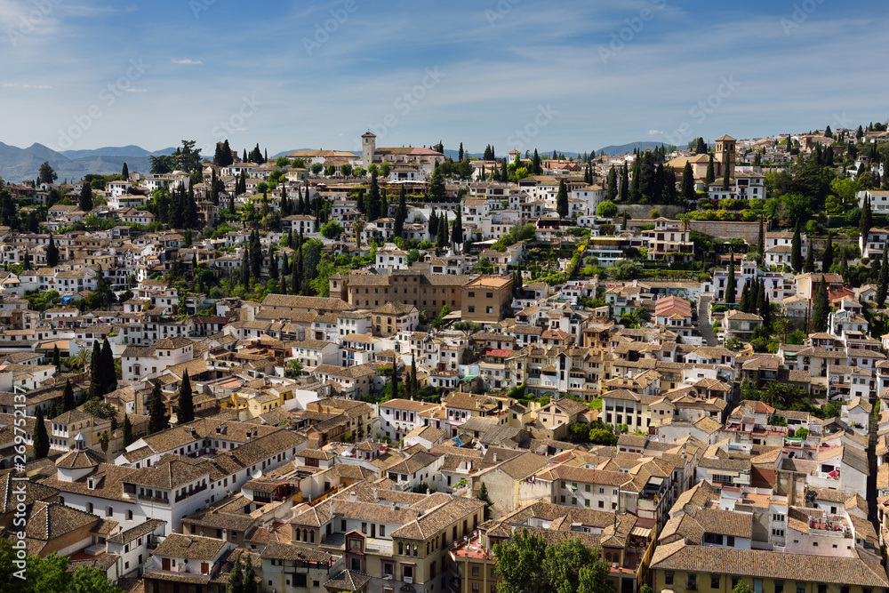 View of Albaicin Churches of Saint Nicholas mirador and Our Saviour from Alcazaba fortress in Granada Spain