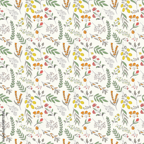 Hand drawn floral seamless pattern, colorful flowers and foliage scattered on white background