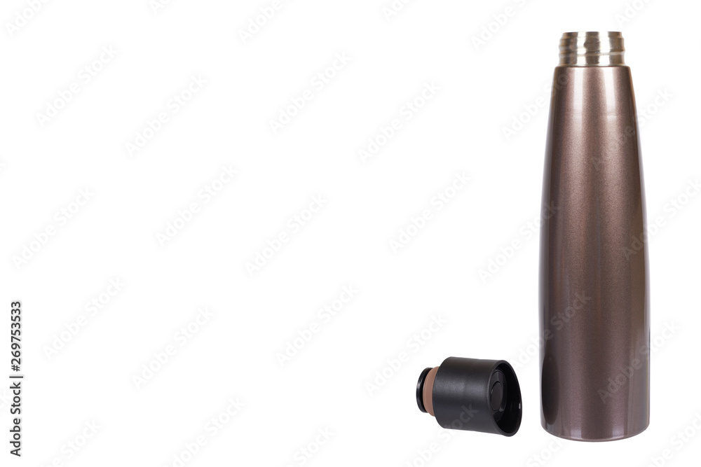 Brown metal thermos, travel mug for hot drinks. . copy space template Brown metal thermos, travel mug for hot drinks. . copy space template