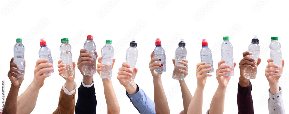 Different People Holding Water Bottles In A Row - obrazy, fototapety, plakaty 