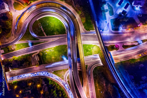 Night Aerial view of a freeway intersection traffic trails in night Moscow © Andrei Armiagov