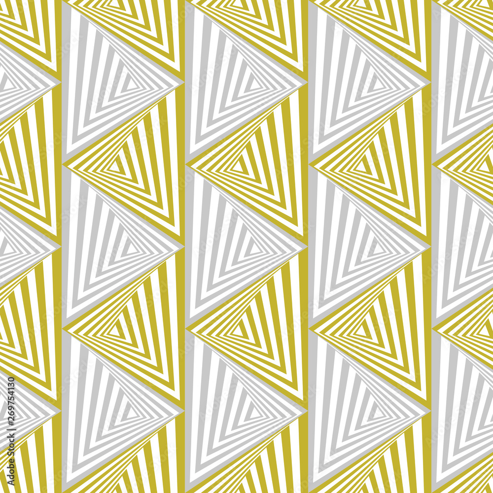 Abstract vector seamless op art pattern with warped triangles and stripes. Graphic ornament in grey, white and yellow. Striped optical illusion repeating texture. Abstract vector seamless op art pattern with warped triangles and stripes. Graphic ornament in grey, white and yellow. Striped optical illusion repeating texture.