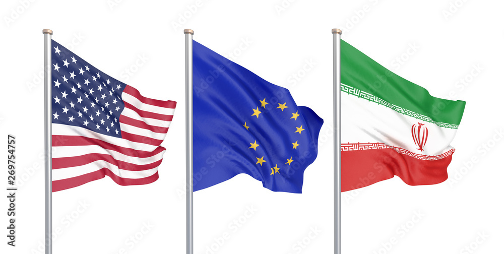 Fototapeta premium Three colored silky flags in the wind: USA (United States of America), EU (European Union) and Iran isolated on white. 3D illustration.