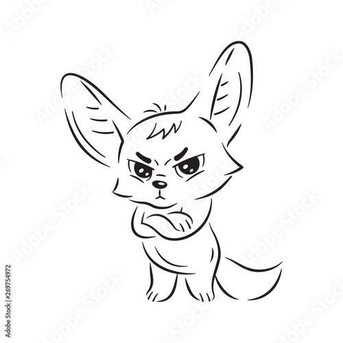 Black and white illustration of a funny fennec fox  looking severely. Cute kawaii cartoon character. Funny pose, emotion and face expression. Isolated on white background