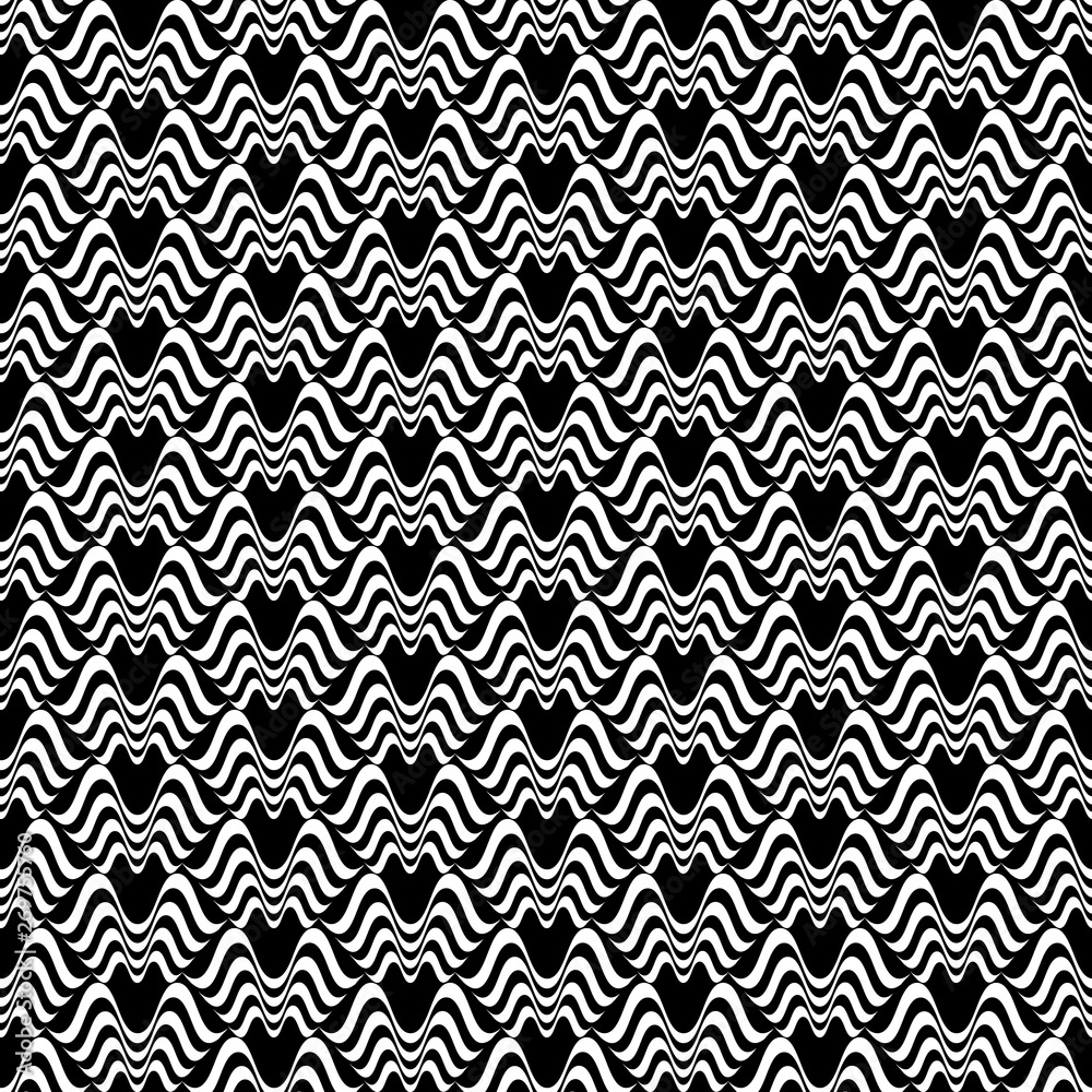 Vector illustration of black and white warped shapes in checkered geometric layout. Seamless repeat pattern for gift wrap, textile, fabric, scrapbooking and fashion.