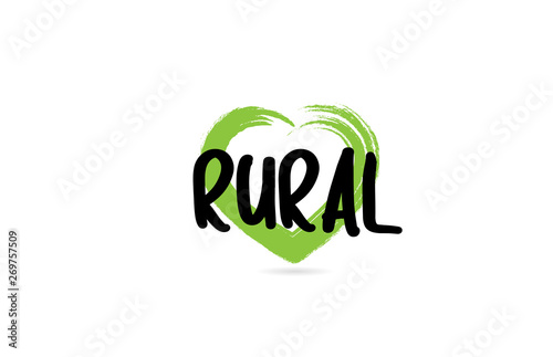 rural text word with green love heart shape icon