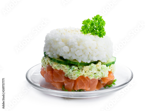 Salmon tartare with avocado and rice isolated on white