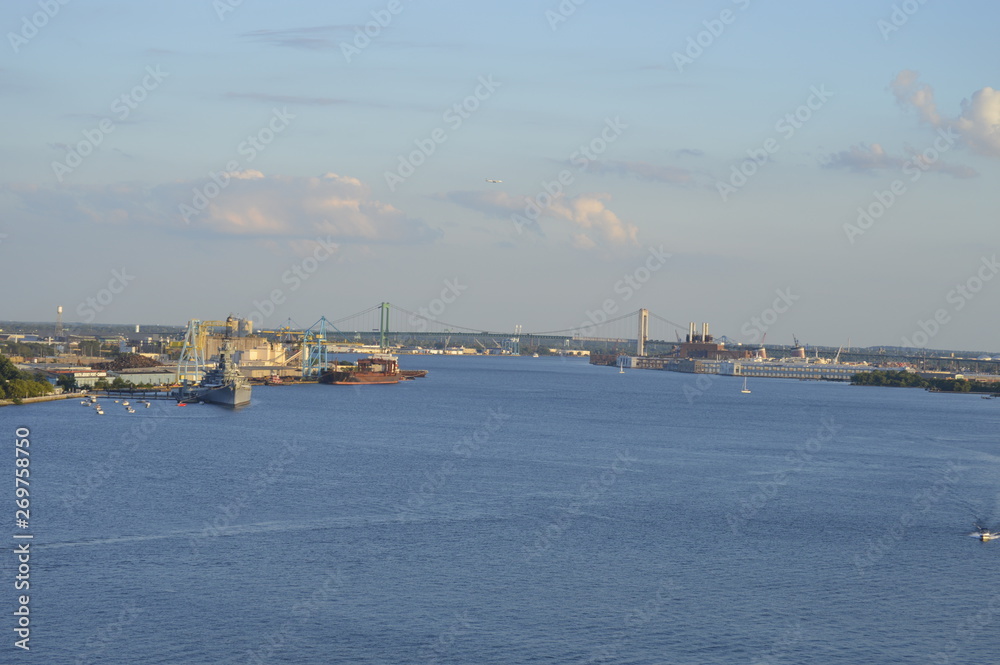View over the Delaware river with old ships 