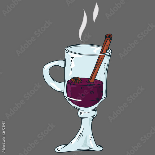 Mulled wine with cinnamon in a glass cup with a handle. Vector illustration of a glass with mulled wine and cinnamon stick. Hand drawn.